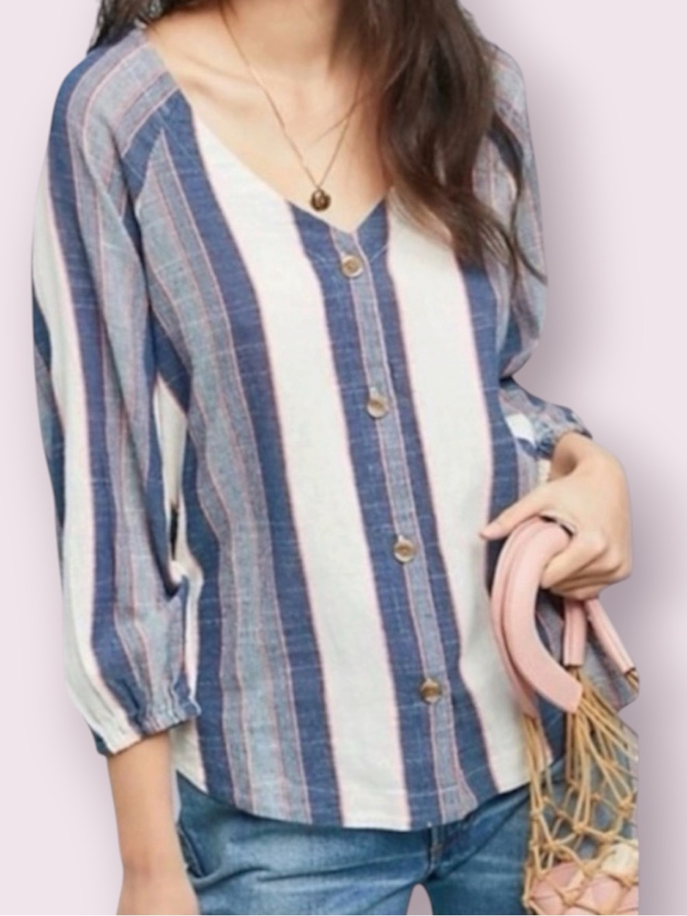 Anthropologie Cloth & Stone Chambray Stripe Peasant Top Button Up White Blue Med